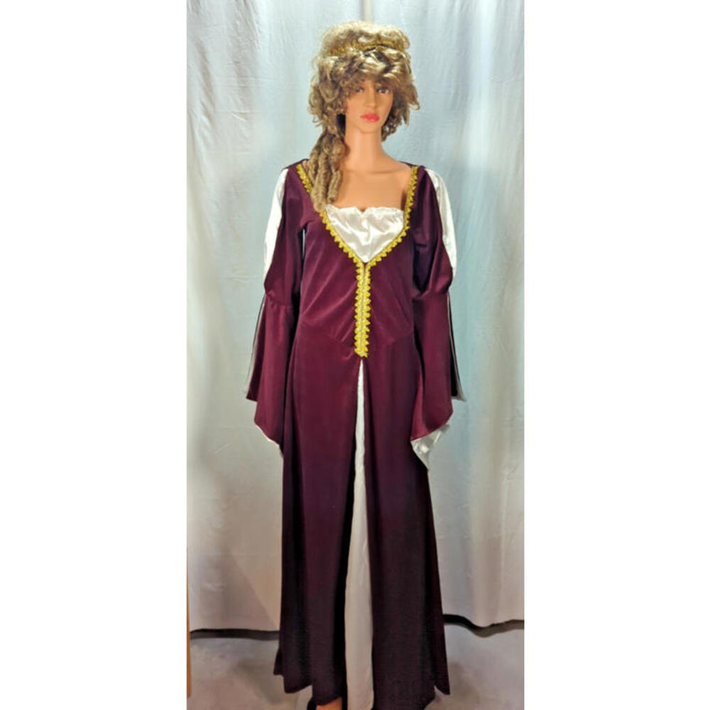 Queen Costume Renaissance Medieval Velvet Burgundy Sz Lg W/Wig Halloween Cosplay